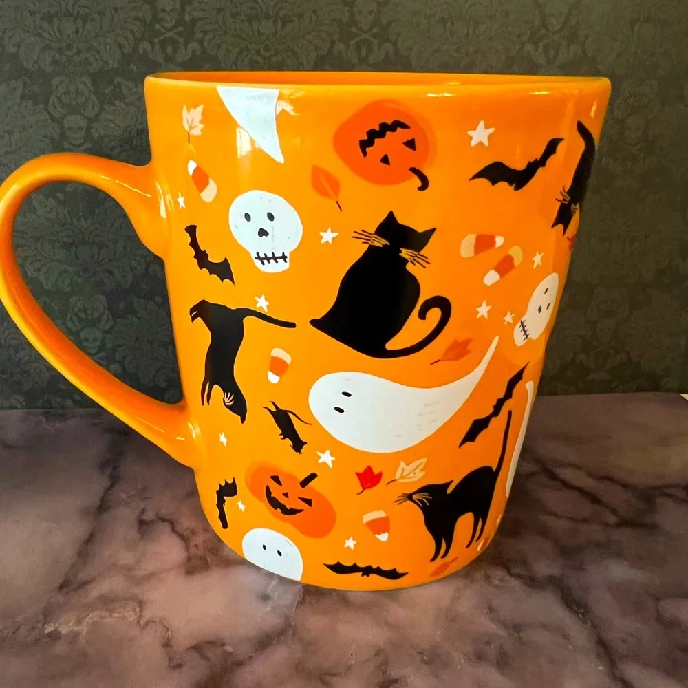 Halloween Tangerine Orange Mug Ghost Skull Black Cats Bats Candy Corn Rats Bats - Picture 1 of 8